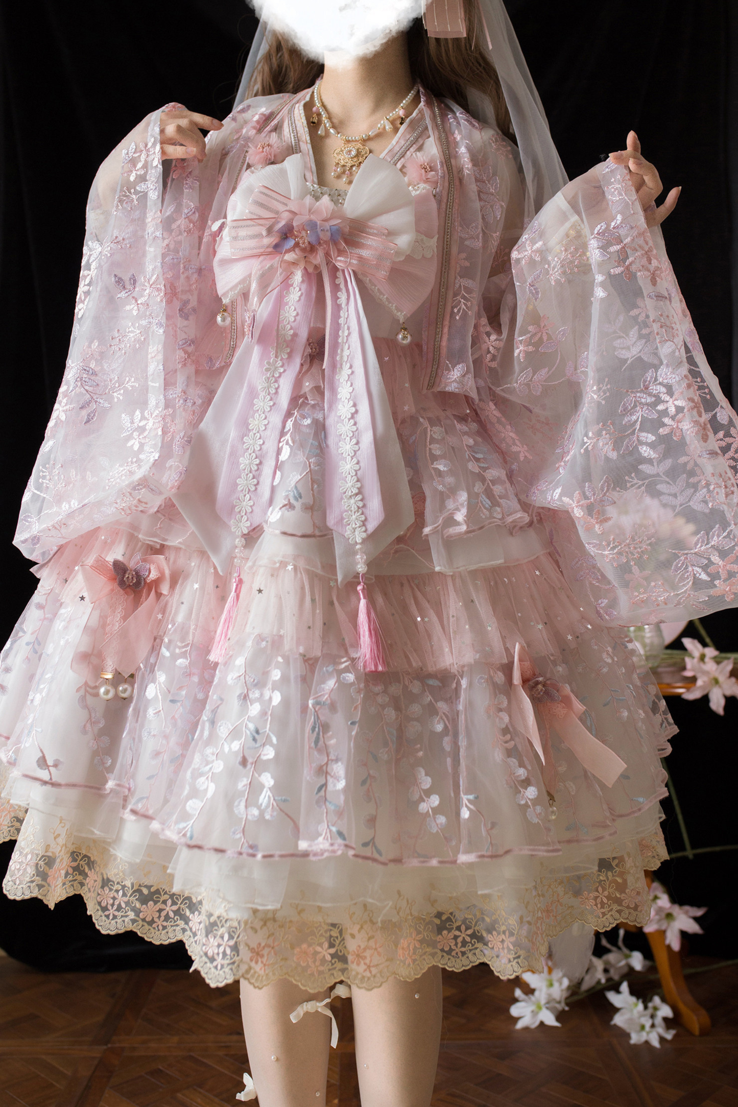 사쿠라 스위트 차이나 로리타 셔츠 + 목걸이 + 리본 + 베일 + 클립