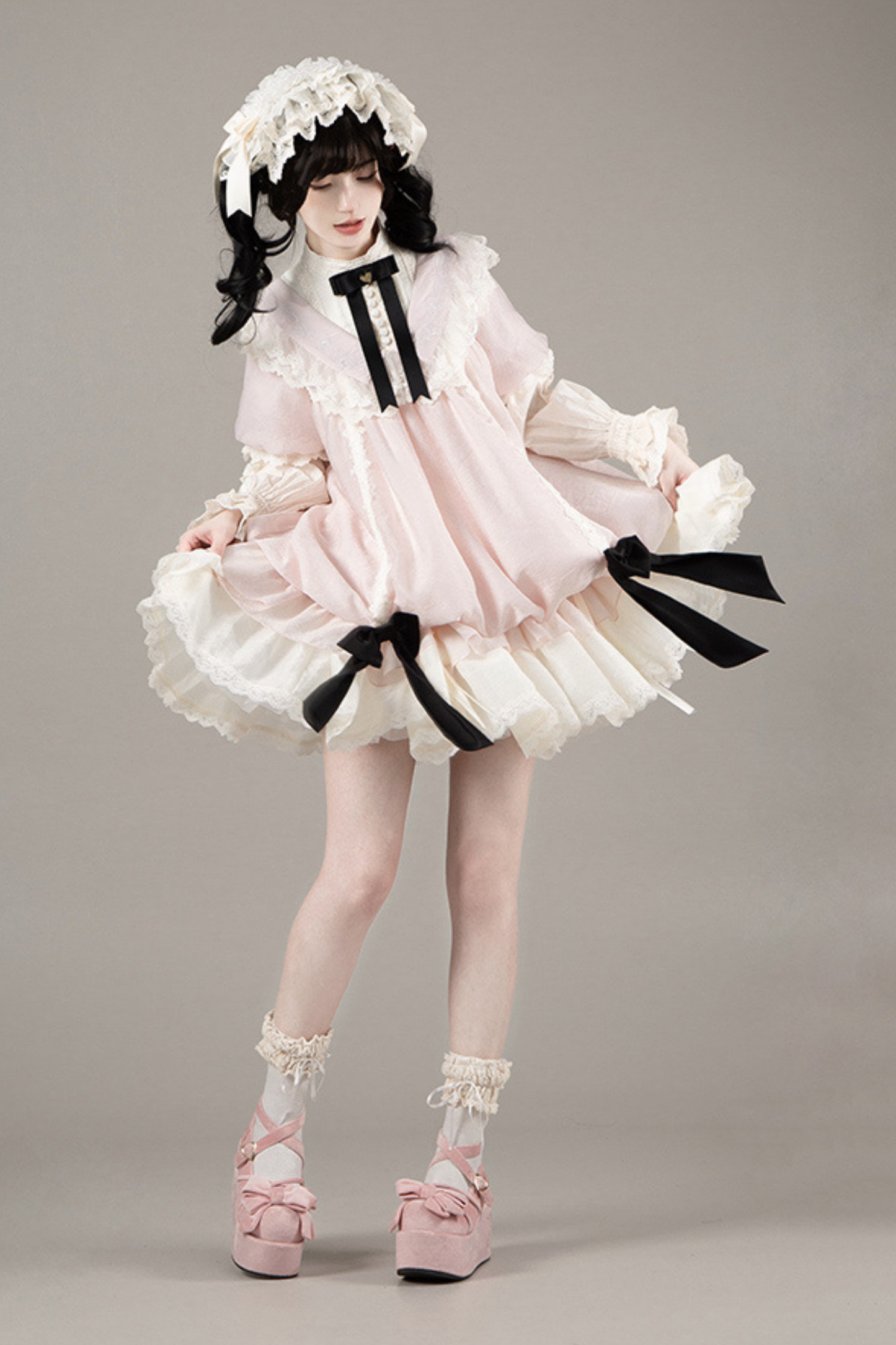 【予約商品】ローズフリルロリータドレス+ドレス＋ベルト＋ブローチ＋リボン＋ヘッドバンド＋スリーブ