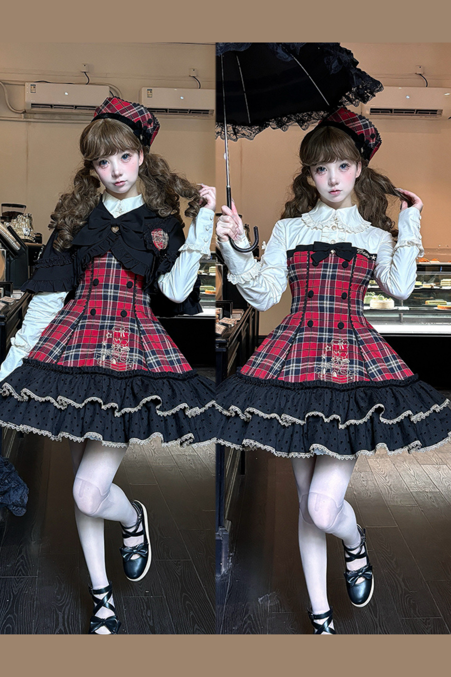 [Reserved product] Sweet Tea Bearitle Idol Check Dress Cape Suit