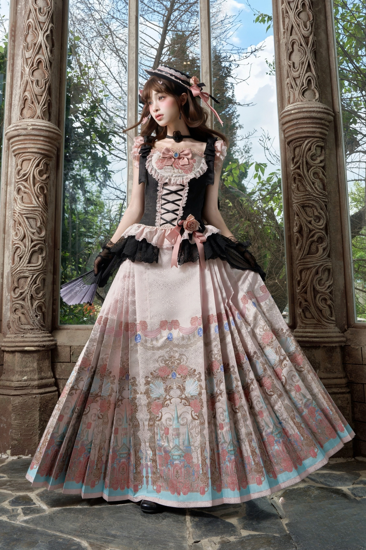 【10月10日予約締切】Black Pink Romantic Rose Castle Classic Lolita Series Accessories(Rose Ribbon Lace Hat + Ribbon Hair Clip)