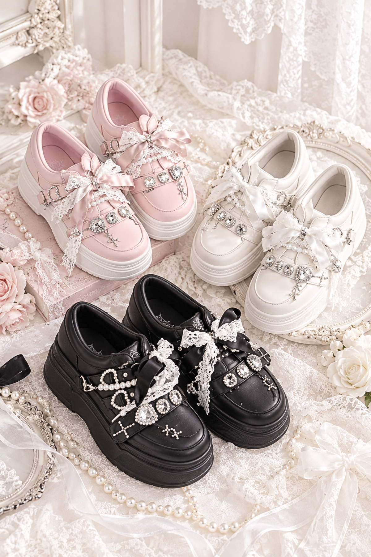 【10月6日予約締切】White/Pink/Black Rhinestone Buckle Lace Cross Charm Ribbon Chunky Sneakers