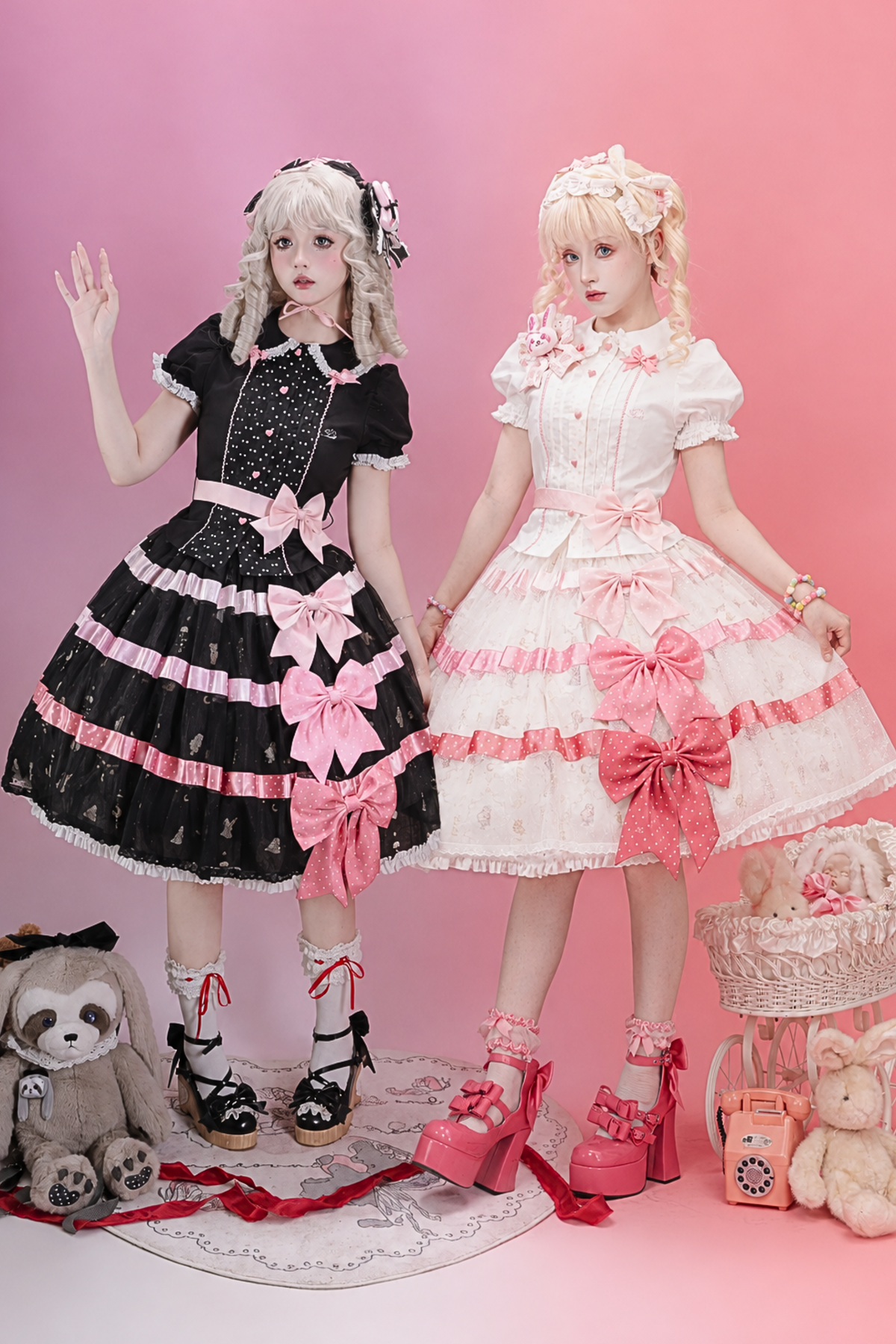 [Reservierungsschluss am 105] Sweet-Lolita-Hemd mit Peter-Pan-Kragen, Polka-Dots und Taillenband + Rock mit dreifacher Schleife + Set