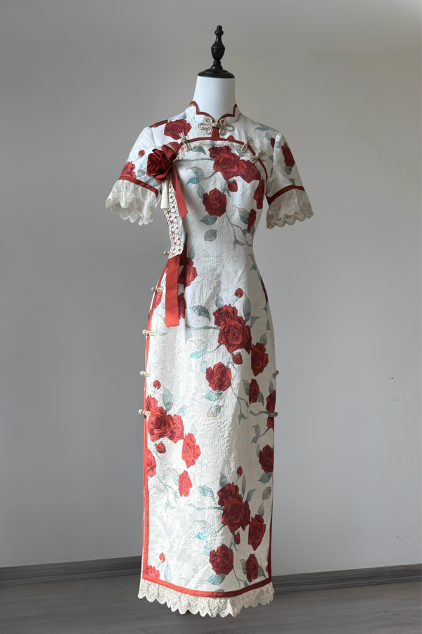 【預購商品】玫瑰故事優雅旗袍＋披肩＋配件