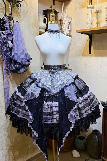 [Pre-order Deadline: August 29] Purple x Black Dark Gothic Butterfly Lace-Up Corset Bustier + Lace Ruffle Layered Skirt (with Front Ruffle Train) Matching Set + Dress Set 1/2/3
