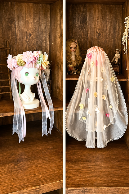 [Clôture des réservations le 10/8] Robe lolita corset à volants en dentelle florale rose x vert doux + ensemble complet (coiffe couronne florale avec voile + manches amovibles)