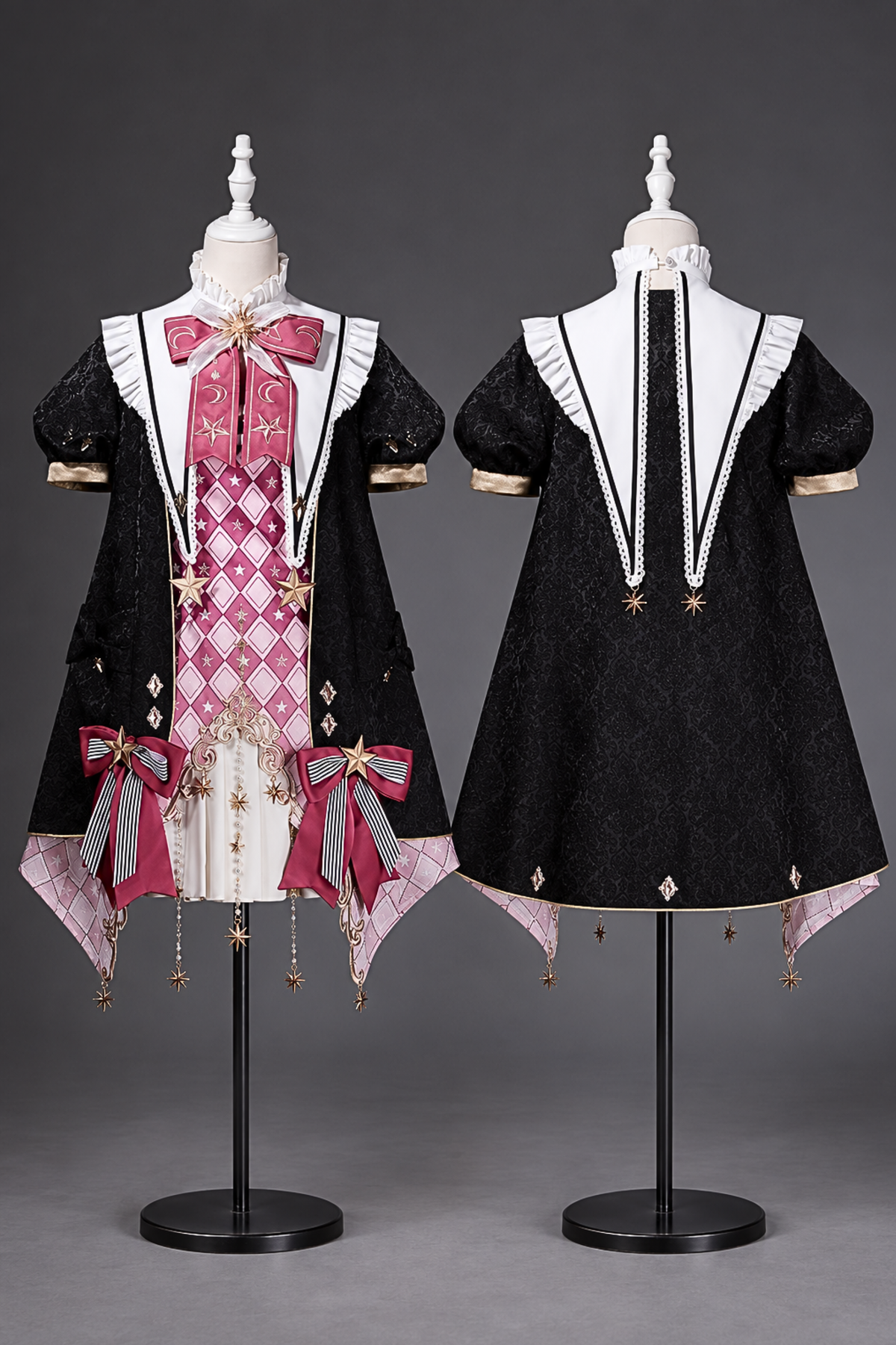 【10月13日予約締切】Magic Academy Starry Diamond Pendant Bow Lolita Dress + Black Lace Trim Bow Puff Sleeve Jacket + Detachable Star Embroidery Ribbon Frill Collar + Full Set