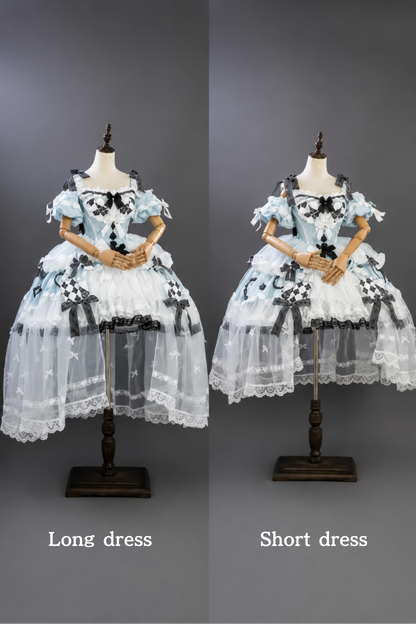[Cierre de reservas: 24 de julio] Vestido lolita azul de Alicia en el País de las Maravillas con hombros descubiertos, lazo de cartas y superposición de tul (largo/corto)