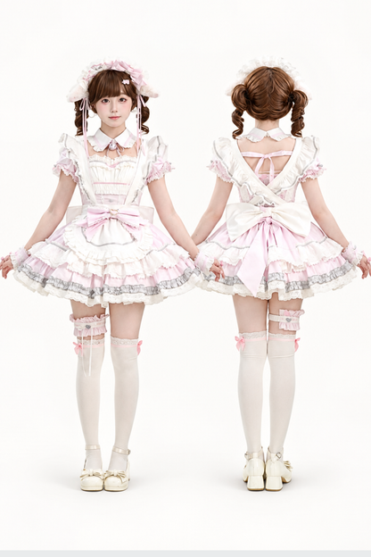 [Pre-Order] Pink Sweet Lolita Ruffle Maid Dress Set (Detachable Collar with Bells + Waist Apron with Ribbon + Back Ribbon + Leg Rings)