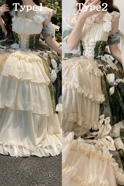【8月23日予約締切】Elegant Forest Floral Oil Painting Print Classical Lolita Tiered JKS Dress Type 1/2