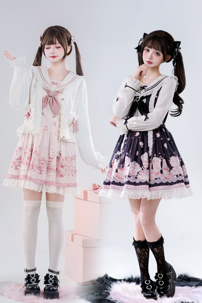 Sailor Color Sweetheart Print Dress + V-Neck Frilled Knit Cardigan