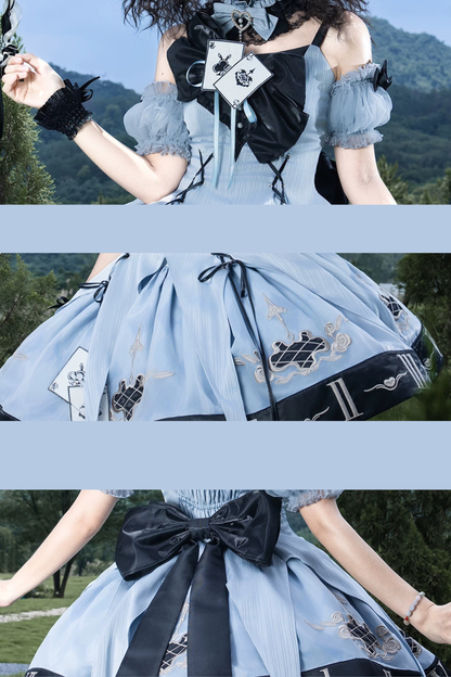 [Reservierungsschluss 10. Juli] Blau-schwarzes Alice-Gothic-Lolita-Komplettset mit Hasenohren-Haarreif und Kleid