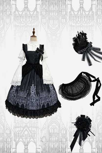 【10月13日予約締切】Gothic Lolita Black White Cathedral Print Lace Trim JSK Dress + Full Dress Set (Detachable Sleeved Shirt, Mini Hat, Apron, Brooch)