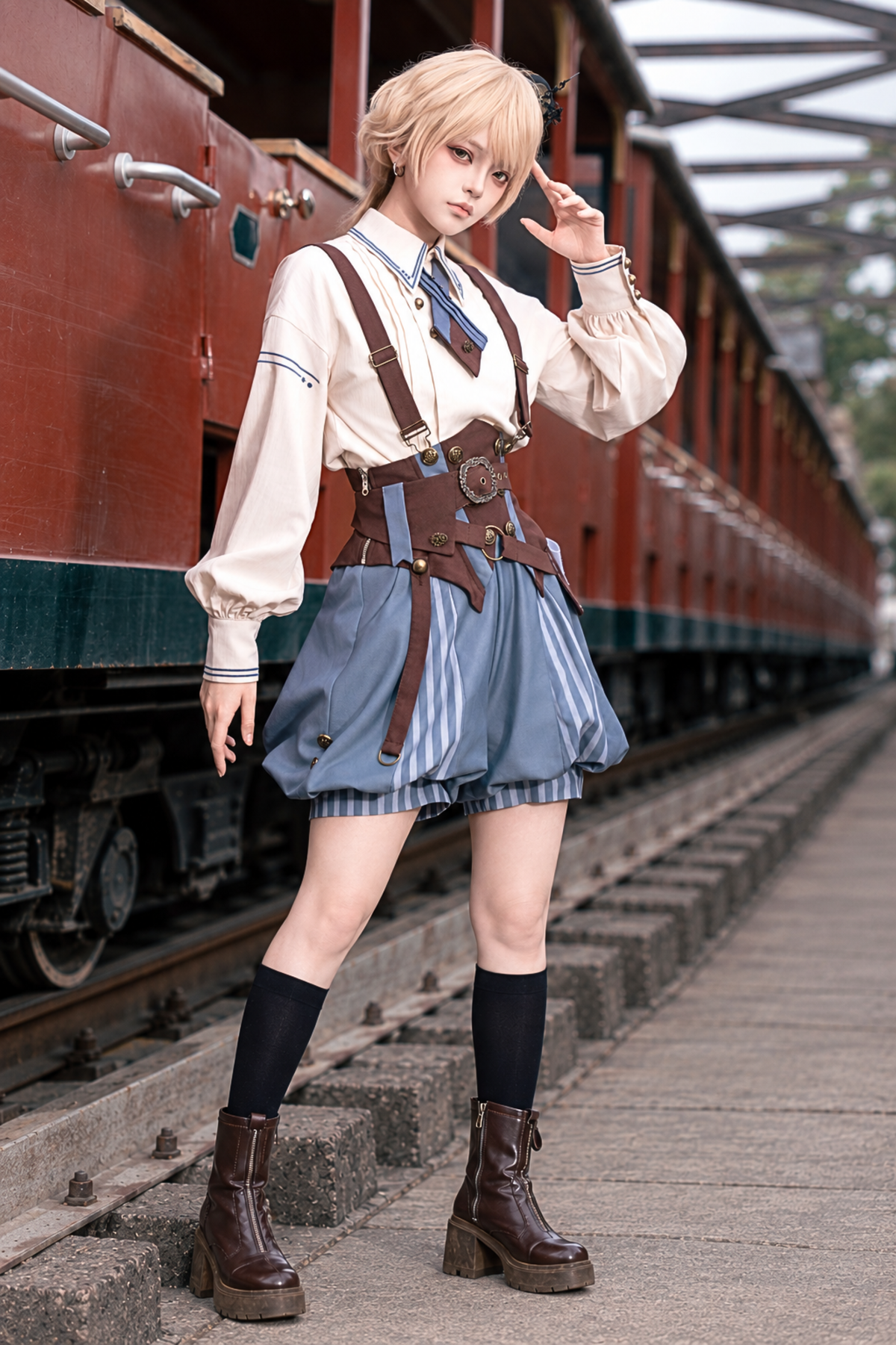 【10月2日予約締切】Vintage Prince Ivory Shirt + Blue Stripe Shorts + Brown Suspender Corset + Waist Belt + Full Set