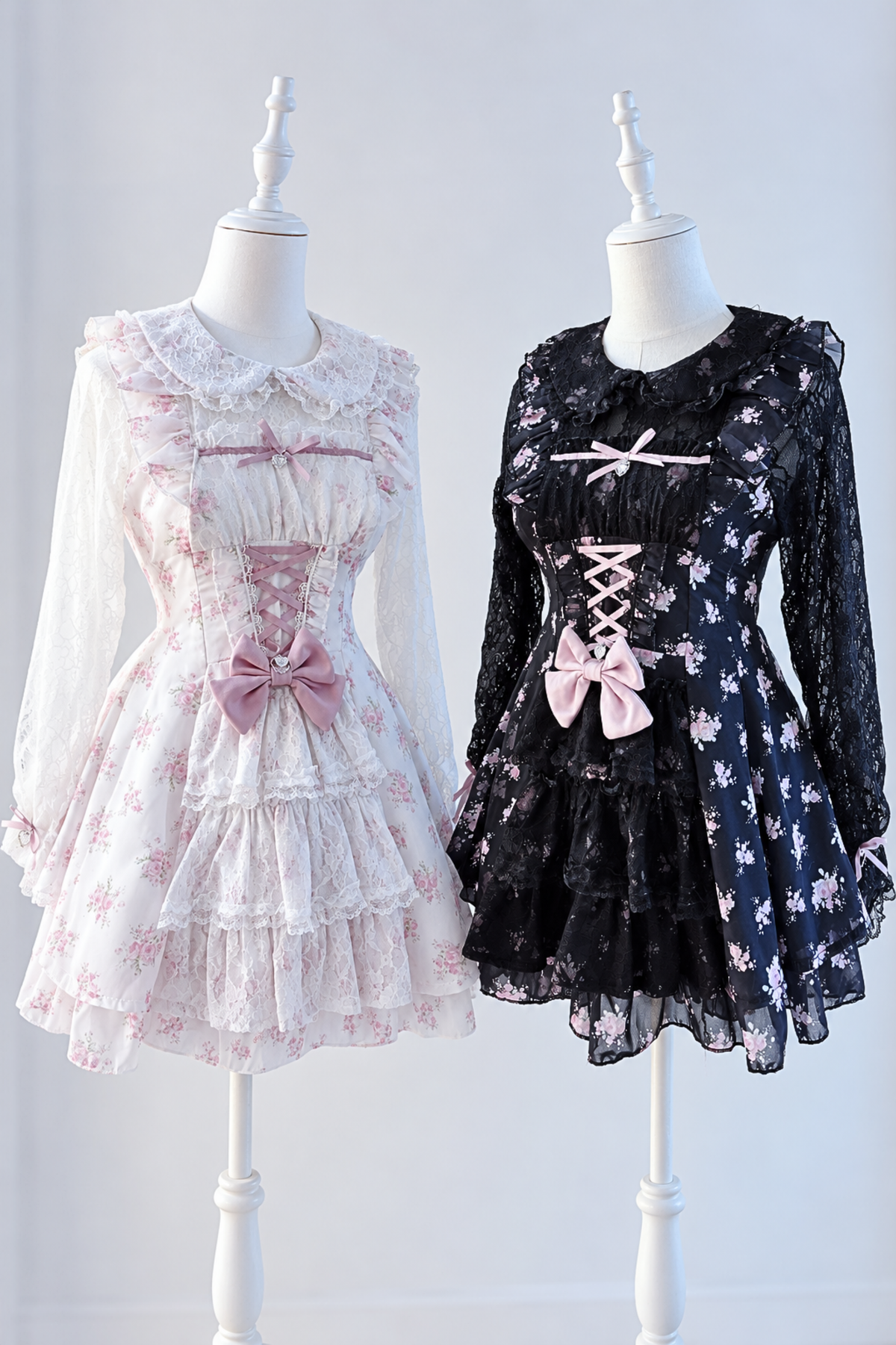 【10月28日予約締切】Pink/White/Black/White 4-Piece Set: Floral Tiered Lace Long-Sleeve Dress + Shorts + Pair of Ribbon Hair Clips + Bow Tie
