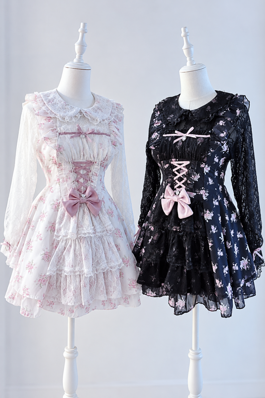 【10月28日予約締切】Pink/White/Black/White 4-Piece Set: Floral Tiered Lace Long-Sleeve Dress + Shorts + Pair of Ribbon Hair Clips + Bow Tie