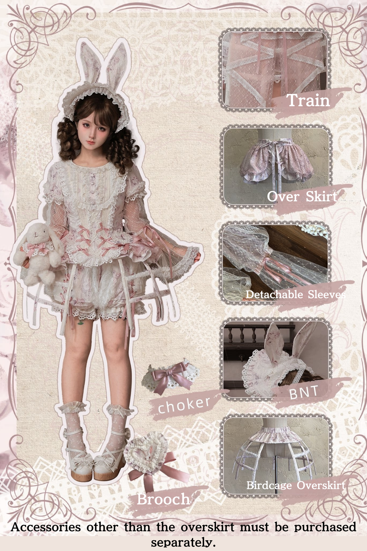 [Date limite de précommande : 6 octobre] Pink Castle Bunny ensemble poupée romantique avec haut corset à manches bouffantes en dentelle + short + surjupe à volants + surjupe cage à oiseaux Set 1/2/3