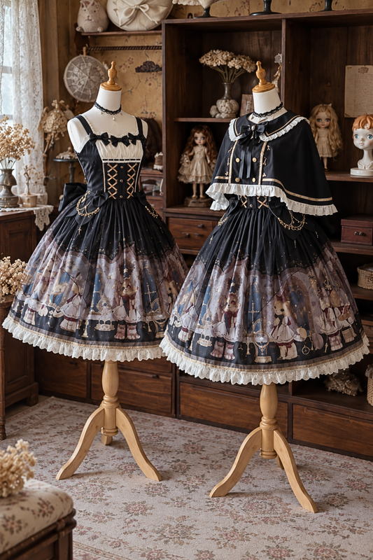 [Pre-order Deadline: December 26] Black Gold Gothic Lolita Cat Choir Vintage Print JSK Dress + Gold Trim Frill Cape
