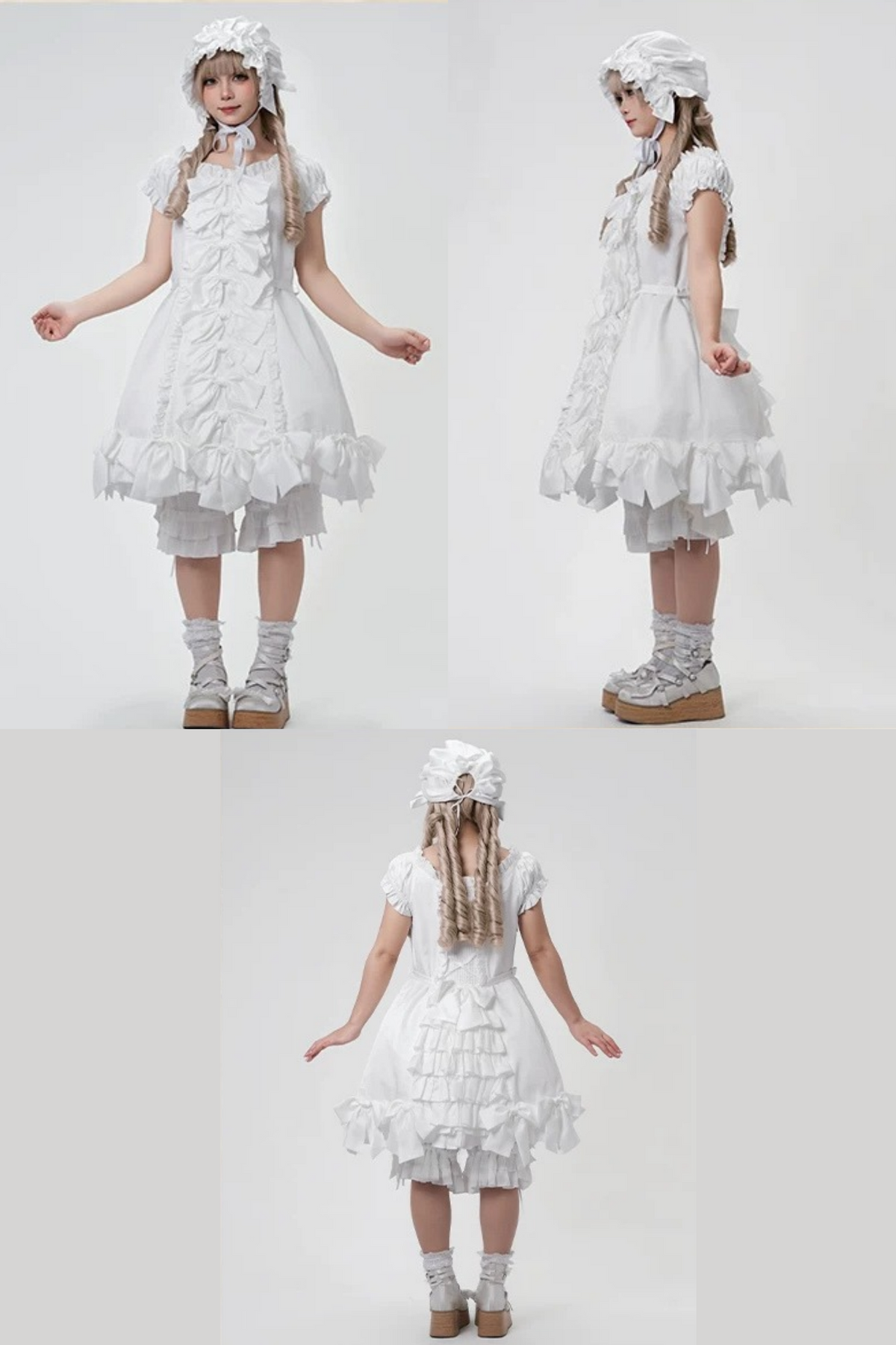 [November 15 Reservation Deadline] White Doll Style Front & Back Two-Way Ruffle Ribbon Lolita Dress (Short/Long) + Matching Shorts (Short/Long) + BB Hat