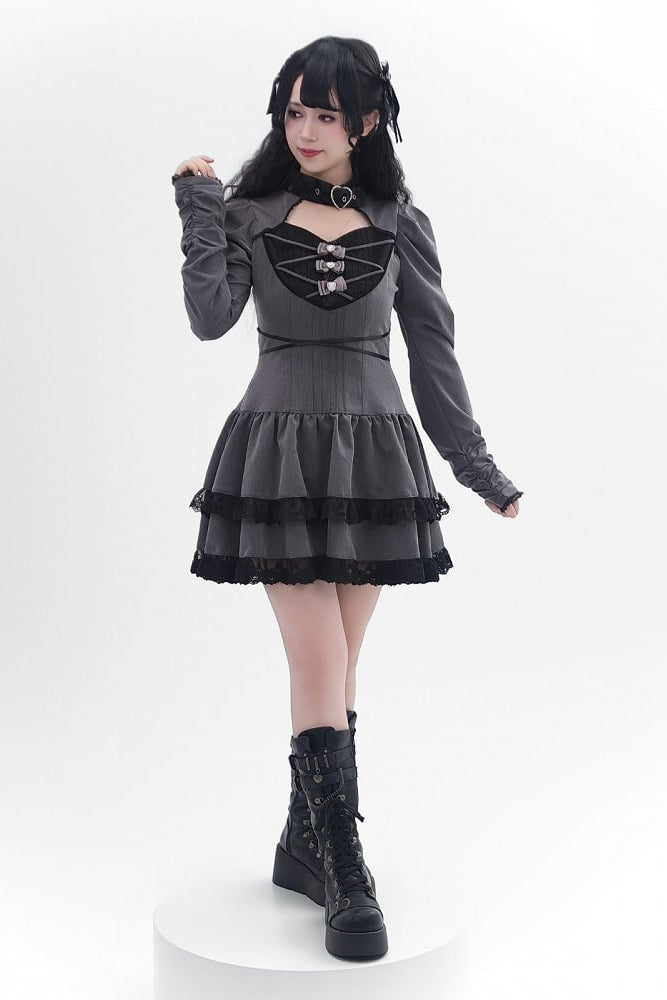 [Reservierungsschluss 28. September] Pink x Schwarz/Grau x Schwarz Gothic-Kleid mit herzförmigem Ausschnitt, Gürtelkragen, Spitzenbesatz und Schleifendetail