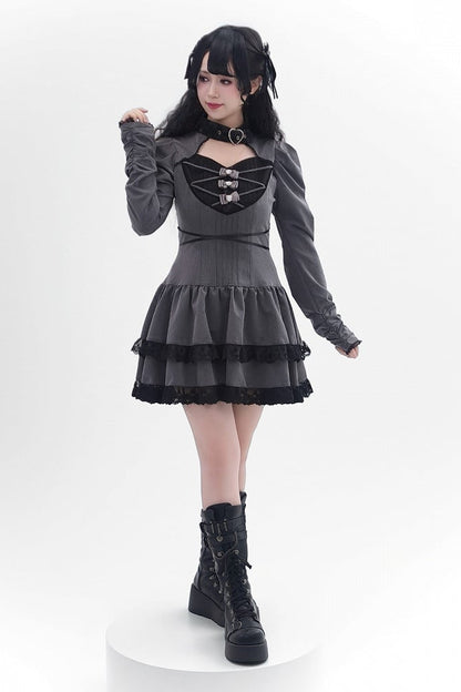 [Reservierungsschluss 28. September] Pink x Schwarz/Grau x Schwarz Gothic-Kleid mit herzförmigem Ausschnitt, Gürtelkragen, Spitzenbesatz und Schleifendetail