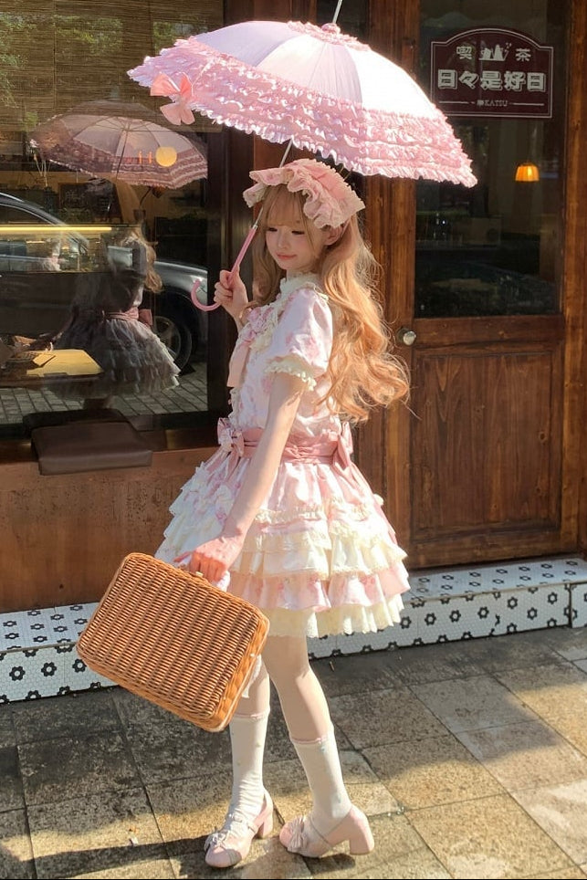 [Reservierungsschluss 7. September] Pink-blaues süßes Lolita-Stufenkleid mit romantischem Rosenprint