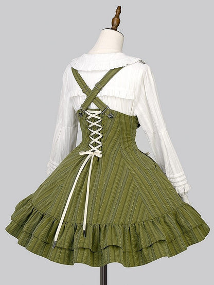 【12月29日予約締切】ゴシックロリータダークカラーストライプバッククロスフリルサスドレス