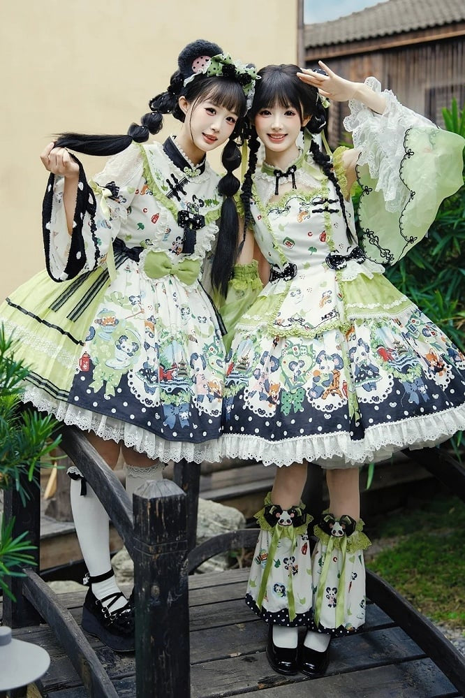 [Pre-order Deadline: October 25] Pink/Green Chinoiserie Lolita Sweet Panda Print Bow Bell Sleeve OP Dress