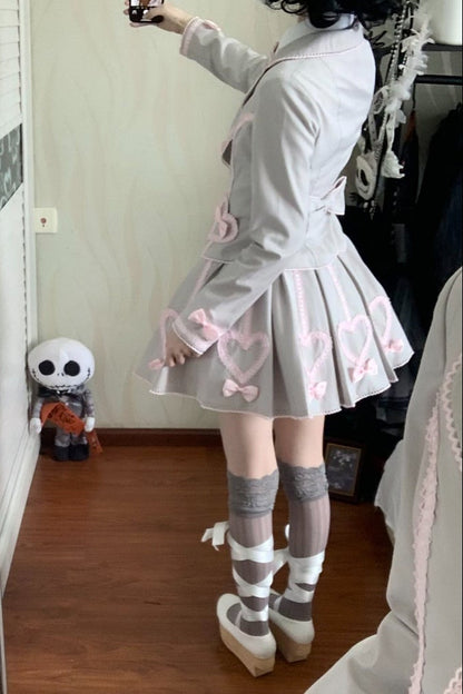 [Pre-order Deadline: June 28] Pink/Gray Vintage Lolita Heart Ribbon Tailored Jacket + Skirt + Tie
