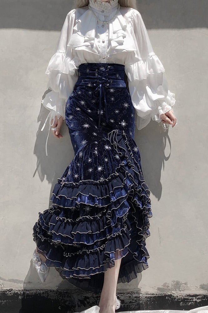 [Reservierungsschluss 1. Juni] Dunkelblau/rosa Atlantis Dark-Fantasy-Lolita-Sternenperlen-Bustierkorsett + prächtiger Rüschen-Meerjungfrauenrock