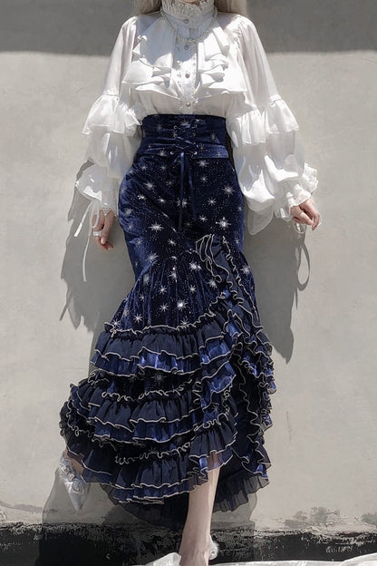 [Reservierungsschluss 1. Juni] Dunkelblau/rosa Atlantis Dark-Fantasy-Lolita-Sternenperlen-Bustierkorsett + prächtiger Rüschen-Meerjungfrauenrock