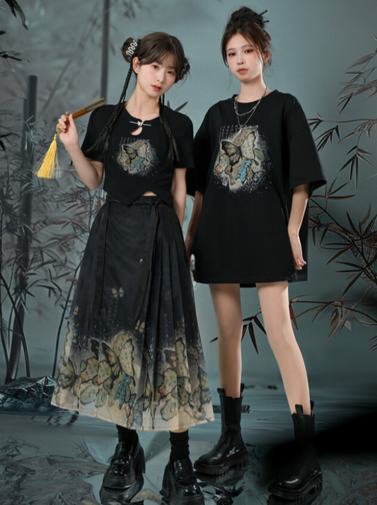 Brocade ash pile series New Chinese black T-shirt niche thin short genderless T-shirt Chaosen female tribal original