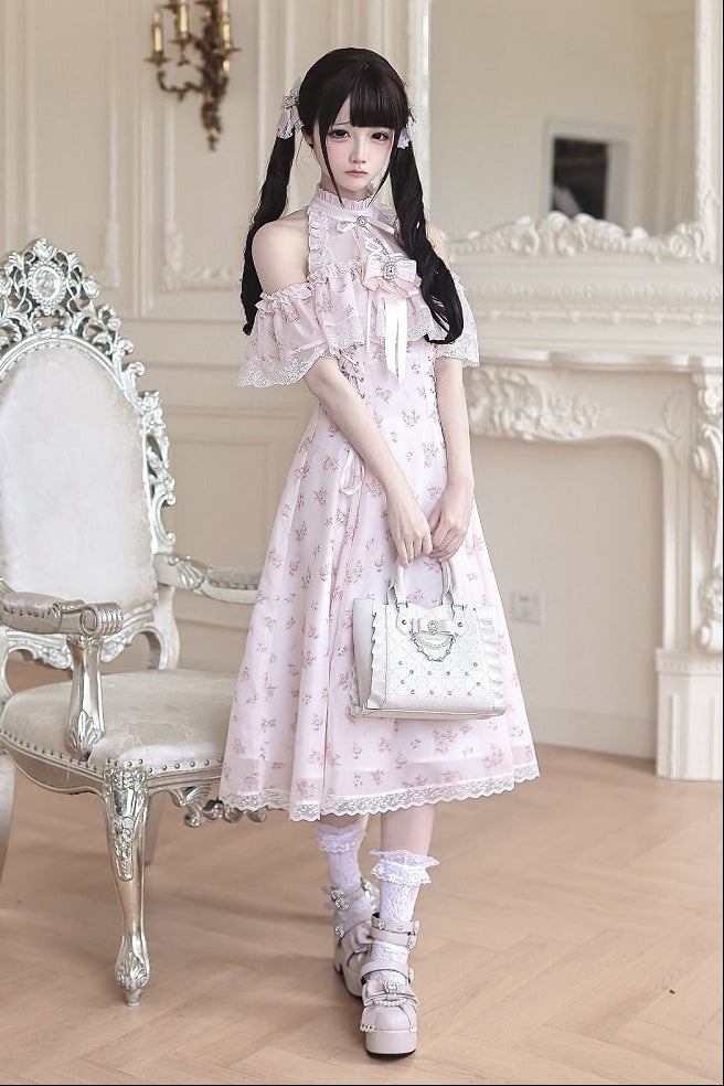 数量限定】ピンクフローラルシフォンレースジュエルリボンオープン