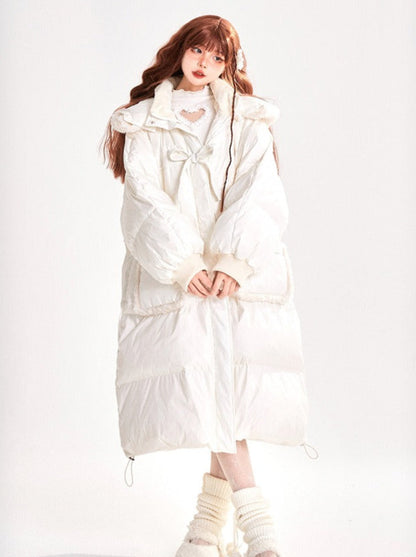 Boa Hoodie Sweet Ribbon Drawstring Long Down Coat