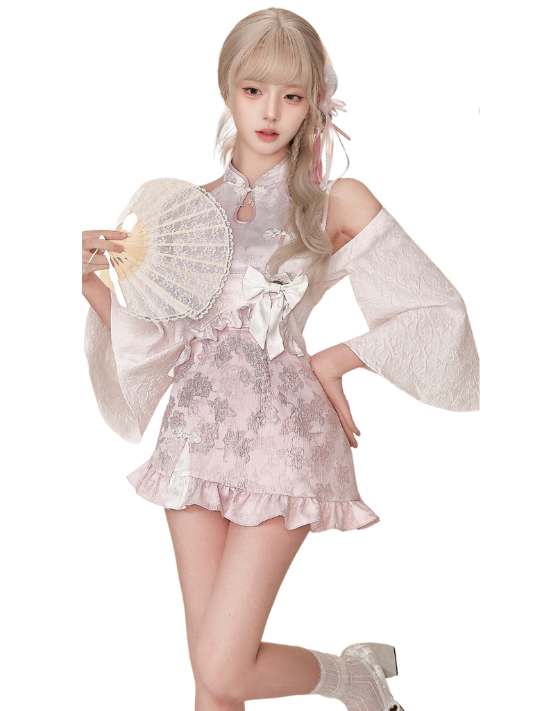 Sweet Girl China Jacquard Asymmetrical Dress + Ribbon Cardigan