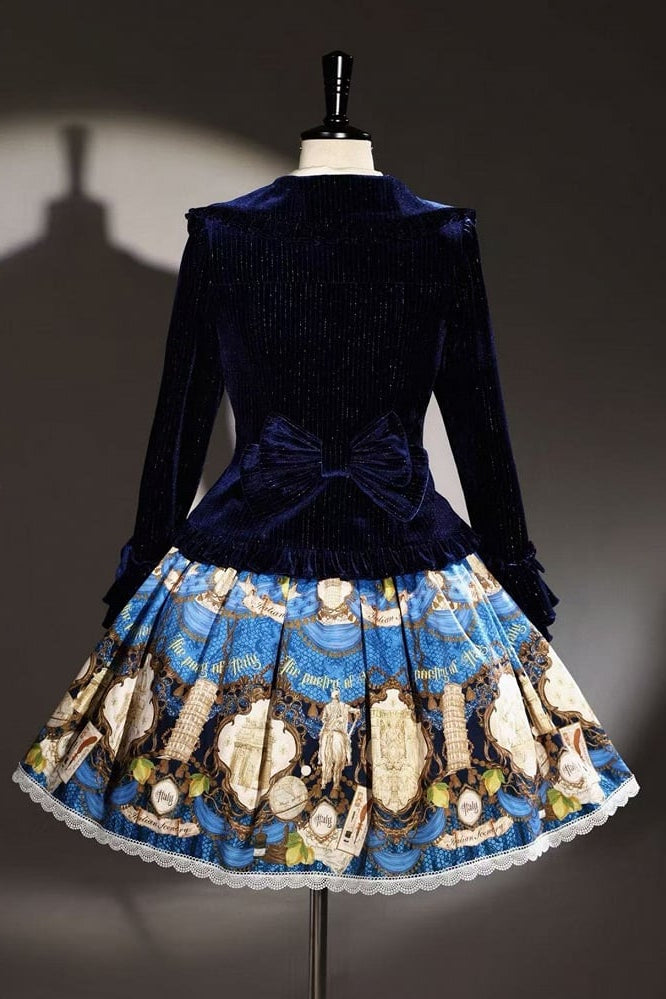 [Pre-order Deadline: November 6] Navy Blue/Brown Classic Italian Travel Diary Lolita Vintage Print Skirt