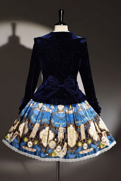 [Pre-order Deadline: November 6] Navy Blue/Brown Classic Italian Travel Diary Lolita Vintage Print Skirt