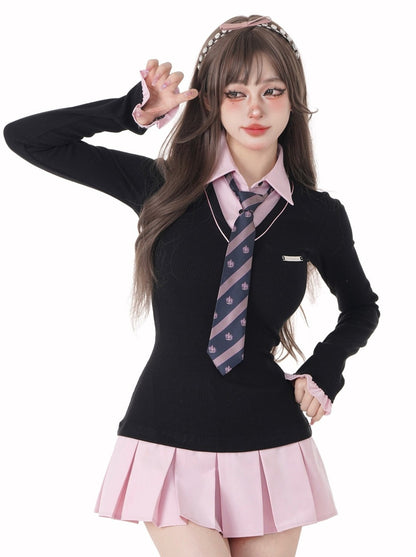 Black-Pink College Style Faux Two-Piece Shirt + Tie [Reserved Item].