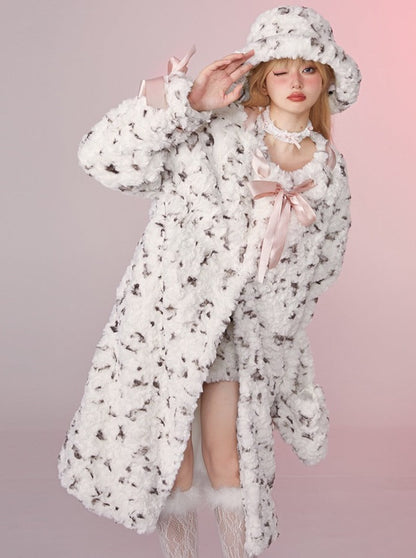 French Cute Fur Leopard Long Coat