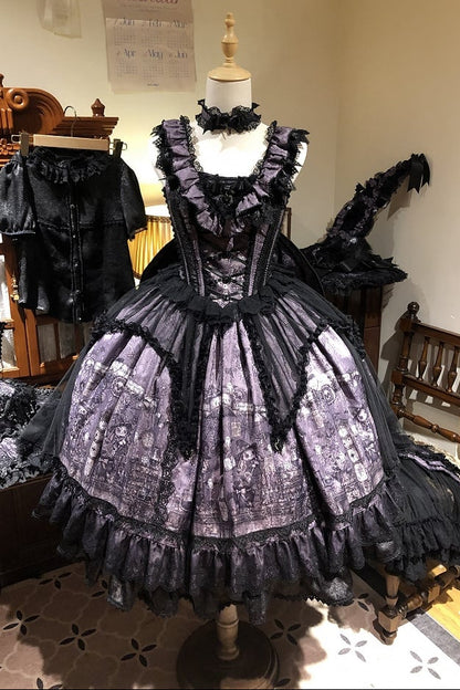 【10月30日予約締切】Purple Black Gothic Lolita Witch Print Frill Bustier Dress