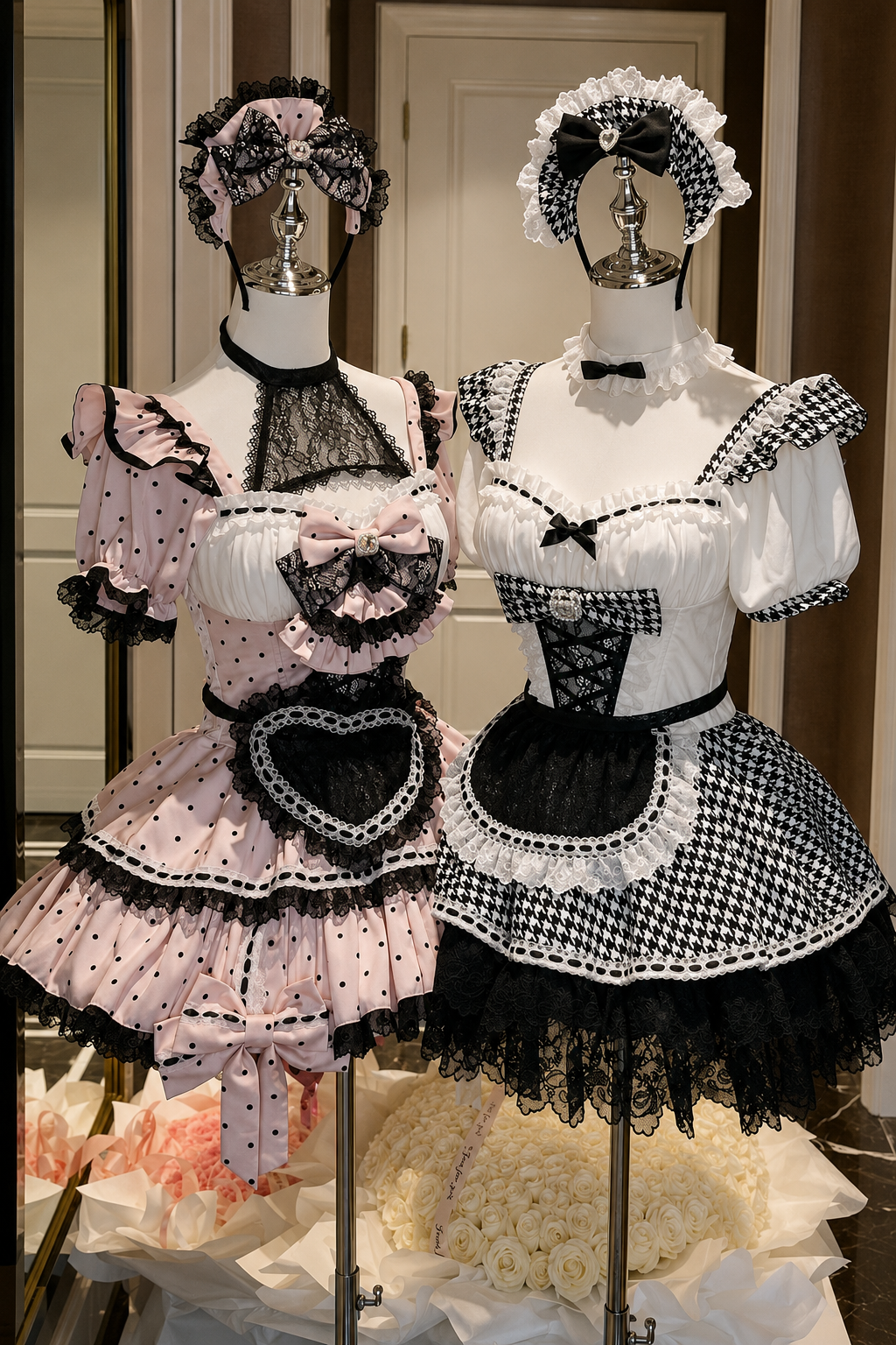千鳥リボンドールメイドロリータドレス