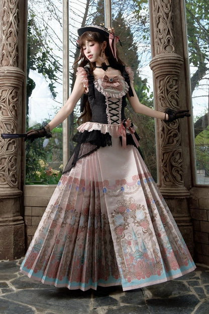 【10月10日予約締切】Black Pink Romantic Rose Castle Classic Lolita Bustier Top Castle Print Pleated Skirt Set-up + Complete Set(Rose Ribbon Lace Hat + Ribbon Hair Clip Included)