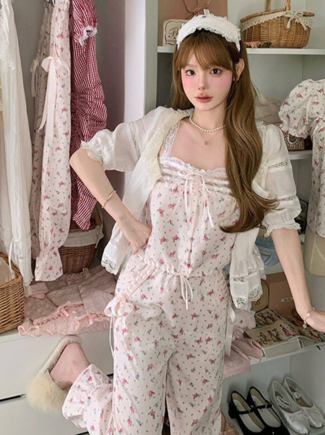 ホームファニシングシリーズパフスリーブトップス＋レースキャミソール＋ロングパンツ