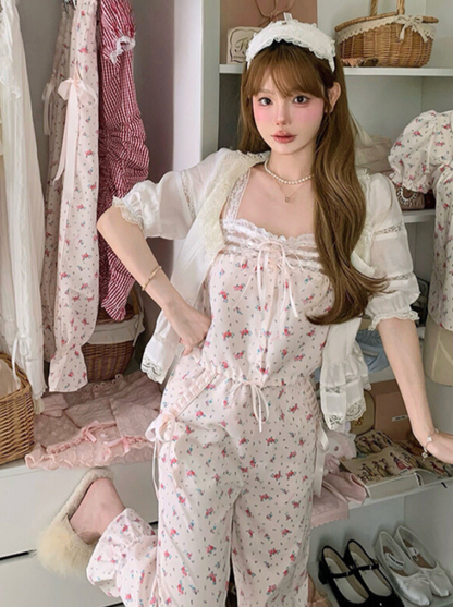 Home Furnishing Series puff sleeve top + lace camisole + long pants