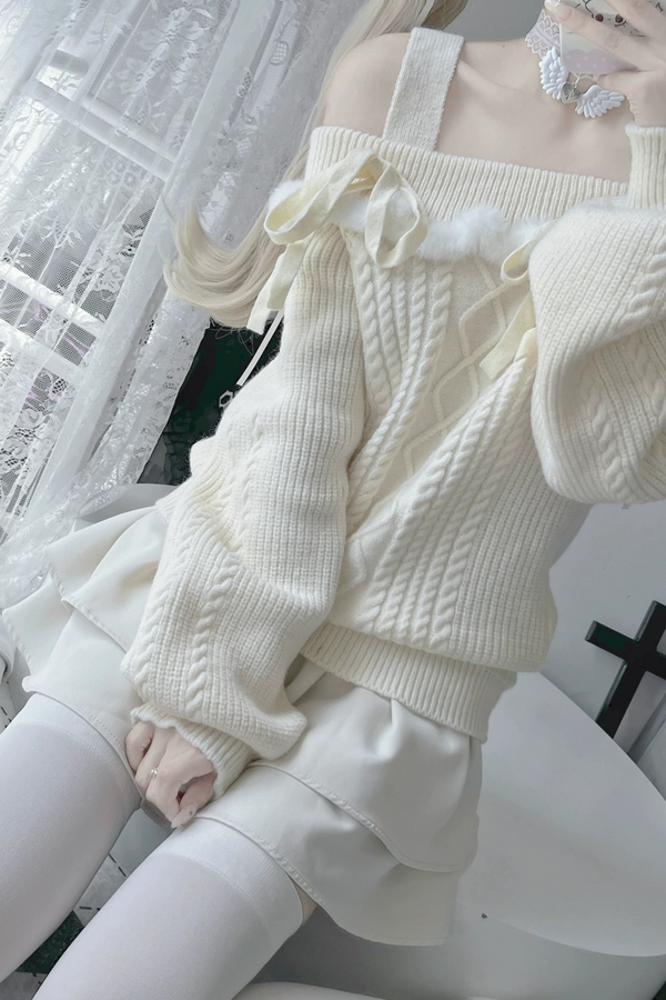 量産オフショルダーケーブルニット