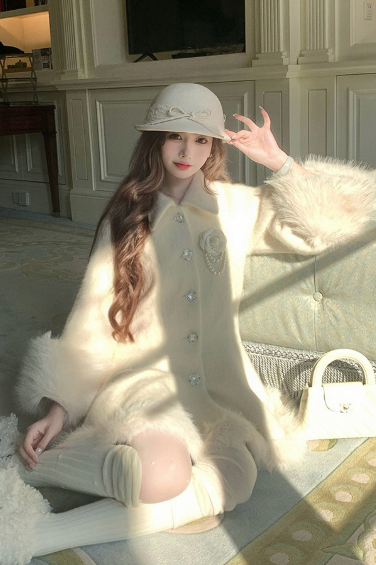 Pure White Snow Far Wool Coat