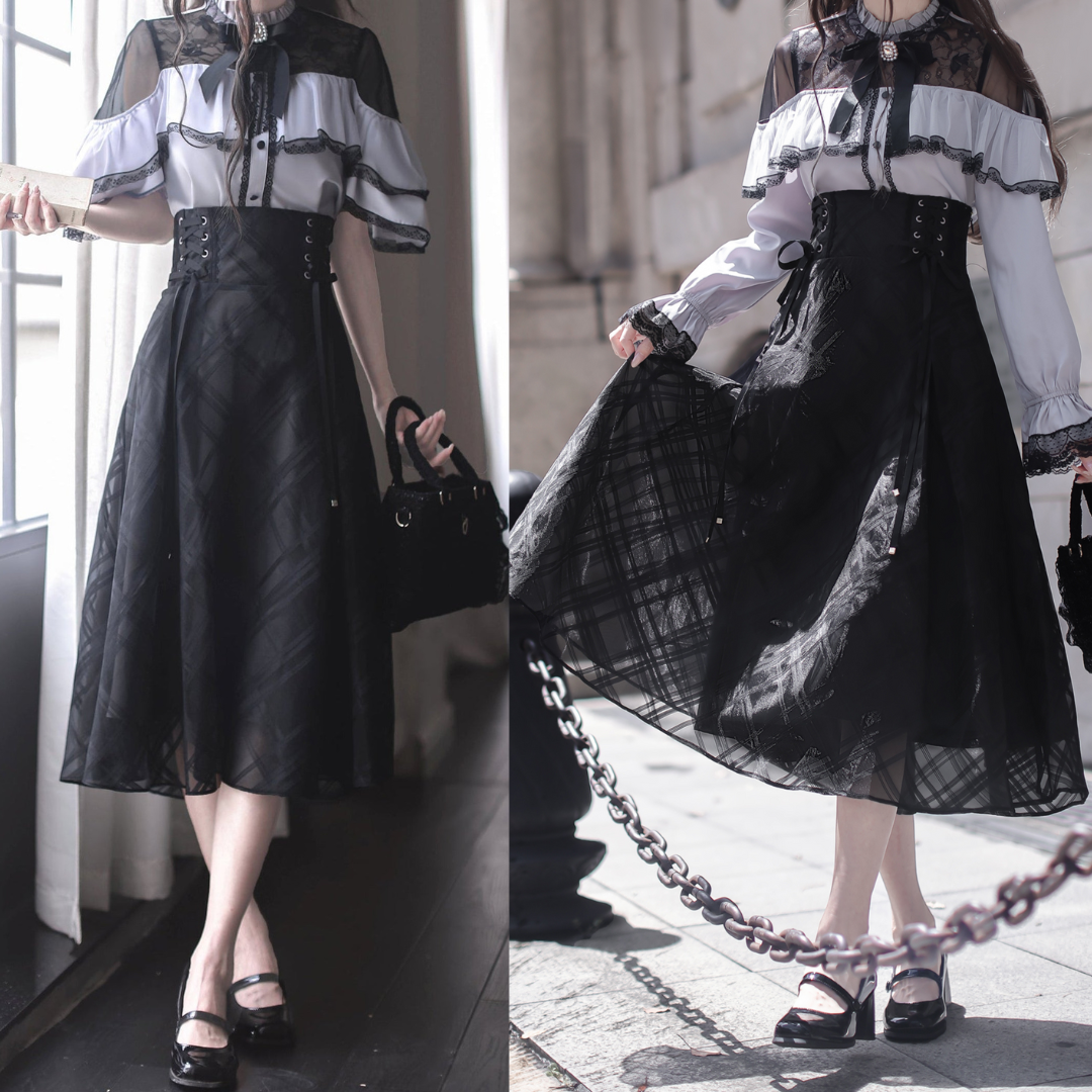 エレガントロングスカート+レースシャツ+リボン