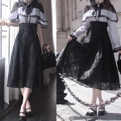 エレガントロングスカート+レースシャツ+リボン