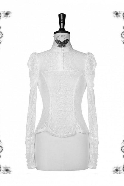 [Vorbestellschluss: 10. Monat, 14. Tag] Schwarz/Weißes Gothic-Lolita-Innentop aus transparenter Spitze mit langen Ärmeln