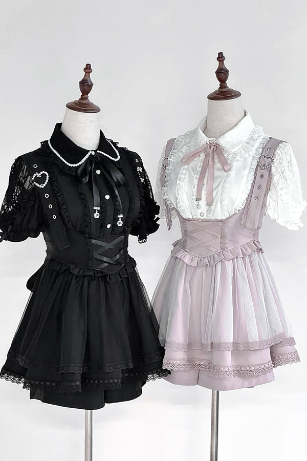 [Pre-order item] Spray Sheer Lace Sleeveless Ribbon Shirt + Straps Bustier Dress