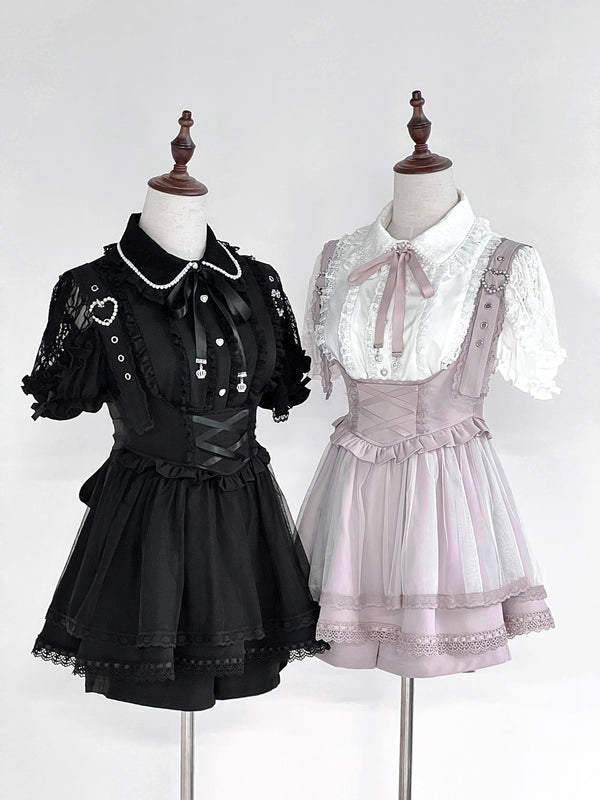 [Pre-order item] Spray Sheer Lace Sleeveless Ribbon Shirt + Straps Bustier Dress